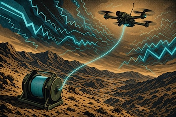 Ilustración de un dron unido por un filamento brillante a un carrete en un terreno montañoso, rodeado de líneas en zigzag en el cielo.