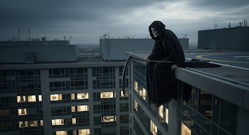 Figura con túnica negra y capucha sentada en azotea de edificio, con máscara de calavera y guadaña. Ventanas iluminadas, helipuerto, ciudad de noche.