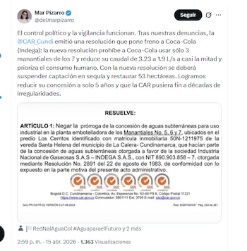 María del Mar Pizarro aseguró que la presión en el Congreso ayudó a la decisión de la CAR, pero afirmó que no es suficiente - crédito @delmarpizarro/X