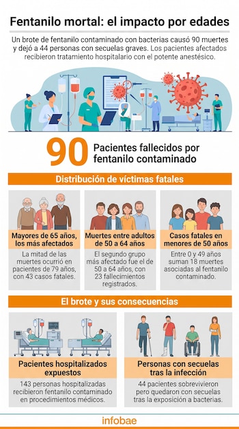 Infografía sobre 90 fallecidos por fentanilo contaminado, con datos clasificados por franja etaria e ilustraciones de pacientes hospitalizados.