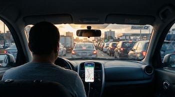 Vista interior de un automóvil con un teléfono en el tablero que muestra un mapa, frente a una fila de vehículos en una avenida al atardecer.