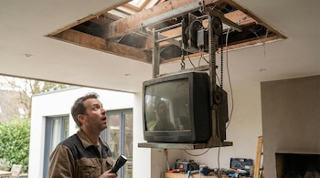 Hombre con linterna mira sorprendido un televisor antiguo que baja de un techo abierto, revelando un mecanismo motorizado oxidado y telarañas.