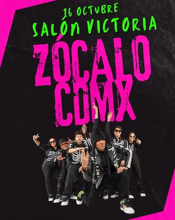 Cartel de fondo negro con texto verde y rosa que incluye a siete integrantes de una banda vestidos con camisas negras estampadas con esqueletos