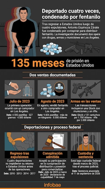 Infografía sobre fondo oscuro con la ilustración de un hombre esposado, pastillas, armas de fuego, un mallete y texto explicativo.