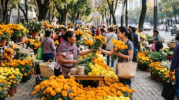 Una mujer entrega un ramo de flores anaranjadas a otra mujer junto a mesas y macetas con flores en una acera arbolada.