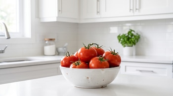 Un tazón de cerámica lleno de tomates rojos reposa sobre la encimera blanca de una cocina con muebles claros.