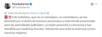 Alcalde de Medellín se pronunció sobre el hecho violento en un hotel en la capital antioqueña - crédito captura de pantalla Federico Gutierrez / x