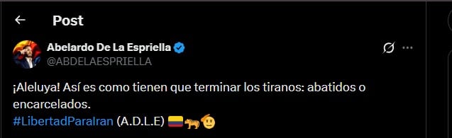 El candidato presidencial Abelardo de la Espriella aplaudió la acción militar y abogó por el fin de los gobiernos autoritarios como el de Irán - crédito @ABDELAESPRIELLA/X