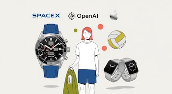 Ilustración de persona con chaqueta Goodwill, reloj TAG Heuer Carrera SpaceX, pelota de voleibol, dos Apple Watch y logos de SpaceX, OpenAI, Apple.