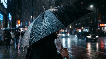 Una persona sostiene un paraguas negro mojado en una calle urbana durante la noche mientras cae lluvia y se reflejan luces en el asfalto.
