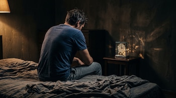 Un hombre de espaldas sentado en el borde de una cama deshecha junto a un reloj de mesa en una habitación oscura.