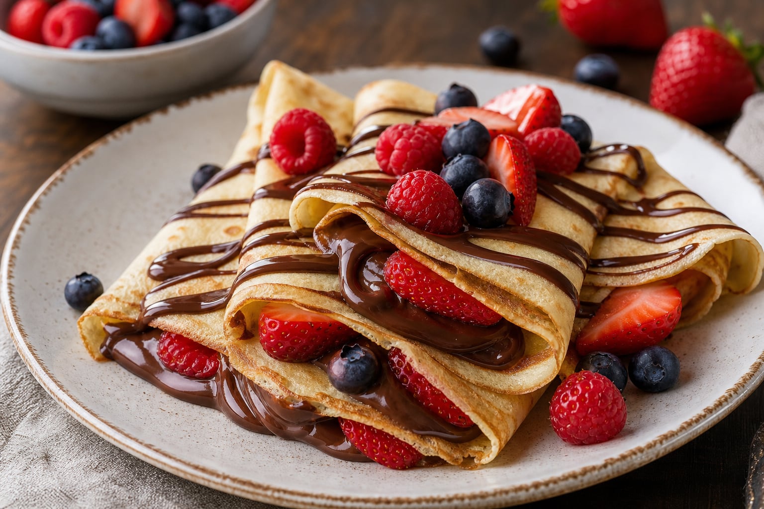 Un plato de crepas dobladas contiene relleno de chocolate derretido y frutos rojos frescos como fresas, frambuesas y arándanos. (Imagen Ilustrativa Infobae)