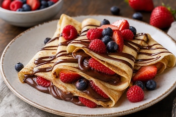 Crepas dobladas con salsa de chocolate, fresas, frambuesas y arándanos sobre un plato de cerámica.