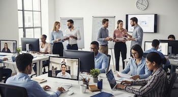 Una oficina moderna con empleados trabajando en computadoras, participando en videollamadas y conversando en grupos. Se ven monitores, laptops y pizarras.