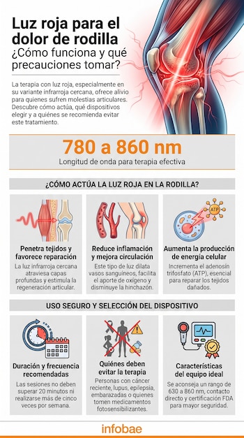 Infográfico sobre terapia de luz vermelha no joelho. Mostra a anatomia do joelho, tecidos, vasos sanguíneos, ondas de luz e sinais de tempo e segurança.