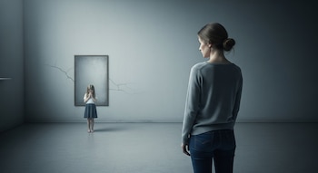 Mujer adulta de espaldas observa a una niña con manos juntas frente a un marco agrietado en una habitación gris y vacía.
