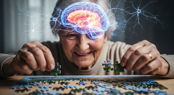 Primer plano de una persona mayor sonriendo y armando un rompecabezas, con un cerebro translúcido y neuronas iluminadas superpuestas sobre su cabeza.