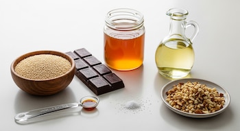 Ingredientes de cocina en mesada blanca: bol de quinoa, barra de chocolate, tarro de miel, aceitera, cuchara con vainilla, sal y frutos secos picados.