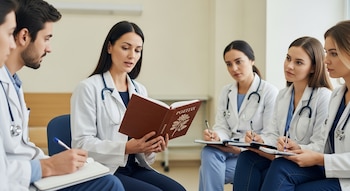 Una médica en bata blanca lee un libro con diseño floral a cuatro colegas en batas médicas que escuchan y escriben en cuadernos.