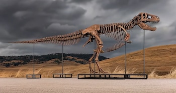 Esqueleto completo de Tyrannosaurus rex montado sobre soportes metálicos. Fondo de colinas áridas con pasto bajo cielo muy nublado