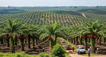 Vista panorámica de una vasta plantación de palma de aceite con filas de palmeras que se extienden por colinas. Varios trabajadores y vehículos se ven en un camino de tierra.