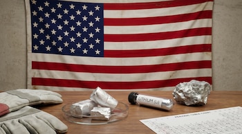 Una bandera de Estados Unidos cuelga detrás de una mesa con bloques de litio, un tubo de ensayo etiquetado "Lithium (Li)", guantes de trabajo y una tabla periódica.