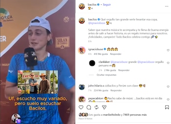 Joven tenista Ignacio Buse, con gorra blanca y camiseta azul, es entrevistado sosteniendo un micrófono. En la esquina, una foto de la banda Bacilos