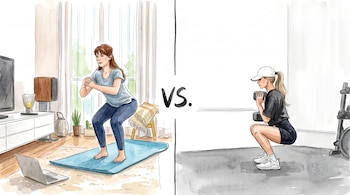 Imagen dividida con "VS." central; a la izquierda, mujer haciendo sentadilla en casa; a la derecha, mujer haciendo sentadilla con mancuerna en un gimnasio.