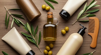 Vista superior de botellas y tubos de productos capilares, una botella de aceite de oliva, ramas de olivo, aceitunas y un peine de madera sobre una superficie de madera.
