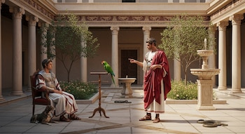 Patio interior de una domus con dos hombres con vestimenta romana, un loro verde en un soporte, un perro recostado y una serpiente en el suelo, columnas y fuente.