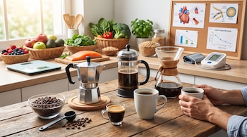 Mesa de madera con granos, cafeteras, tazas de café y manos. En el fondo, balanza, alimentos variados, monitor de presión y tablero con gráficos.