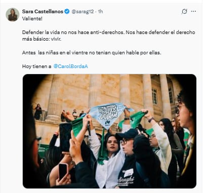 Sara Castellanos manifestó su apoyo a Carol Borda - crédito @sarag12/X