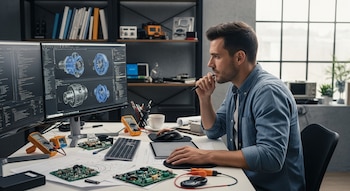 Un hombre caucásico de perfil trabaja en un escritorio con dos monitores mostrando diseños CAD y código. Placas de circuito, multímetros y herramientas están sobre la mesa.
