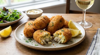 Vista de cerca de croquetas de merluza doradas en un plato rústico con gajos de limón y perejil picado, algunas mostrando el interior cremoso de pescado.