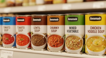 Estante de supermercado con latas de sopa de tomate, lentejas, chunky, vegetales mixtos y pollo con fideos, cada una con el texto 'Homemade'.