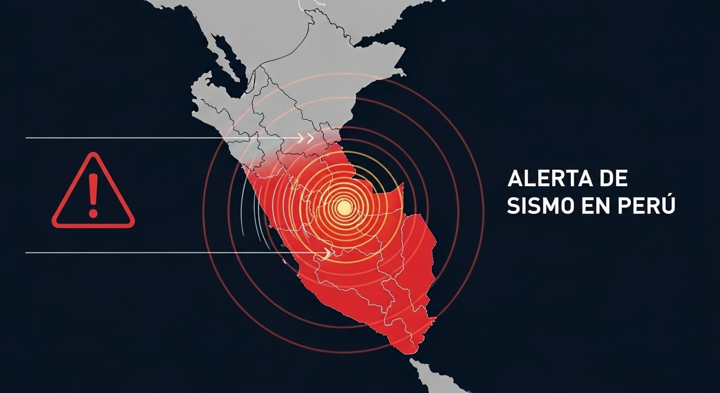 Un mapa de Perú muestra una alerta de sismo con una zona de impacto roja, círculos concéntricos y un icono de advertencia. (Infobae Perú)