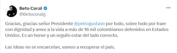 Franklin Humberto Coral Garrido, conocido como Beto Coral, agradeció al presidente Gustavo Petro por seguir de cerca la situación de colombianos detenidos en Estados Unidos - crédito @Betocoralg/X