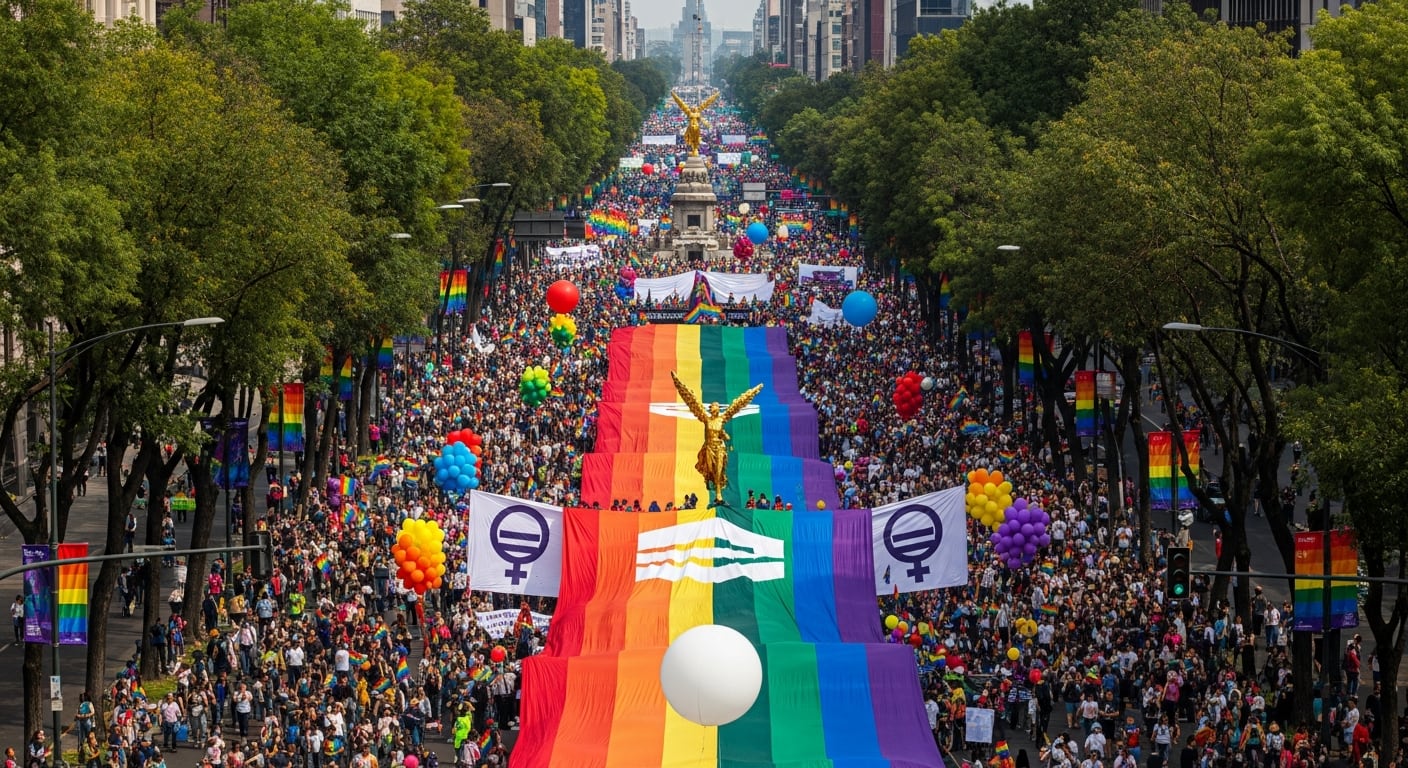 Una multitud avanza por la Avenida Paseo de la Reforma en la Ciudad de México durante la Marcha del Orgullo LGBT+, con grandes banderas arcoíris y globos de colores rodeando el Ángel de la Independencia. (Imagen Ilustrativa Infobae)