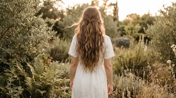 Mujer joven de espaldas con cabello castaño largo y ondulado, y un vestido claro, parada en medio de vegetación verde y arbustos, bajo una luz de atardecer dorada.