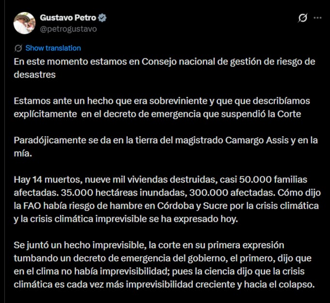 Gustavo Petro asoció la crisis ambiental con la suspensión de los decretos de emergencia económica - crédito @petrogustavo/X