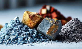 Primer plano de diversos minerales: una pila de polvo y rocas azules, una roca grande marrón anaranjado, una roca gris con tonos óxido y una pila de material granular oscuro