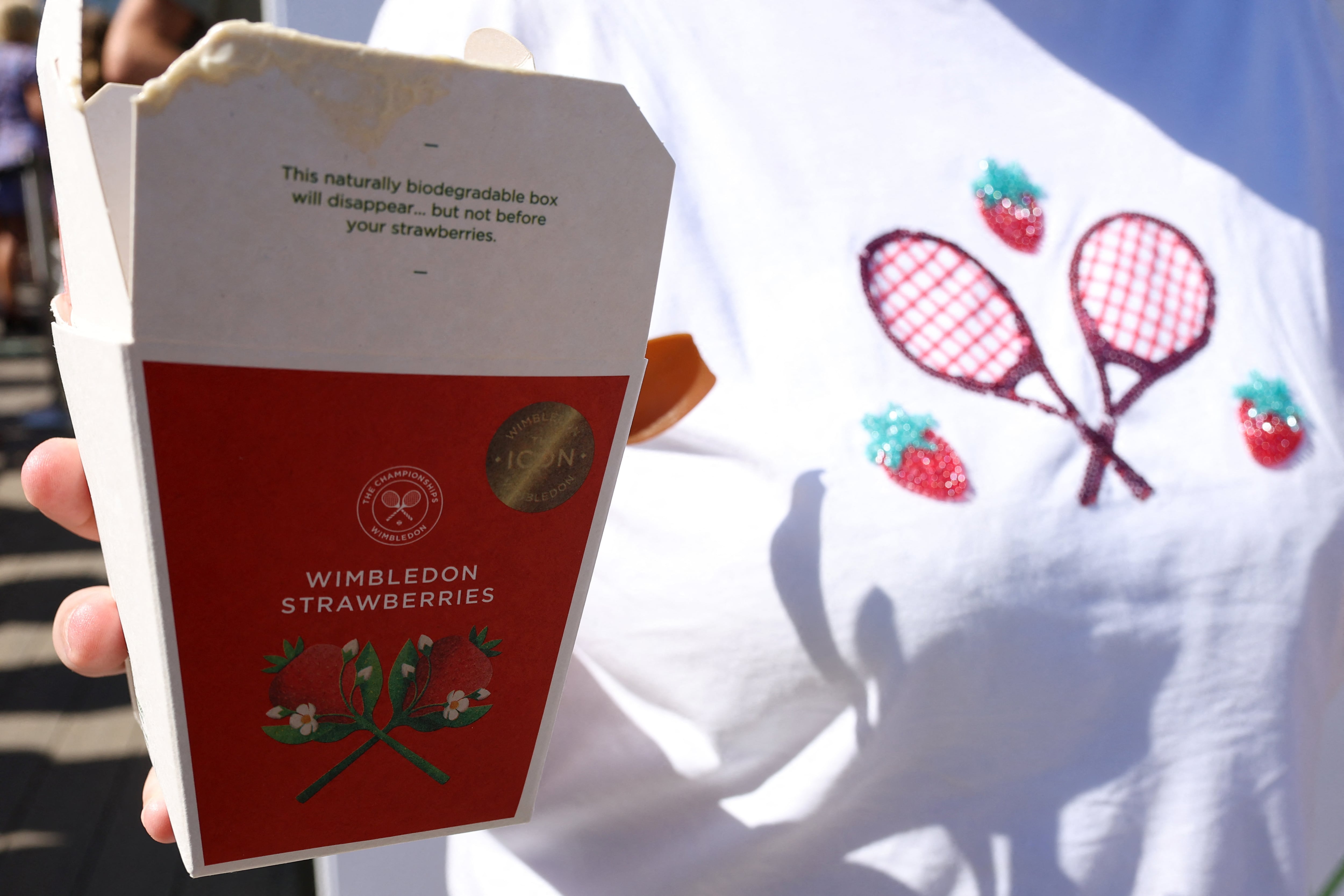 Tennis - Wimbledon - All England Lawn Tennis and Croquet Club, London, Britain - June 30, 2025 A spectator holds a box of strawberries and creams at Wimbledon REUTERS/Toby Melville