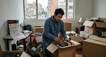 Un joven latino arrodillado empaca una foto enmarcada y libros en una caja de cartón en una habitación llena de cajas; edificios de la ciudad se ven por la ventana