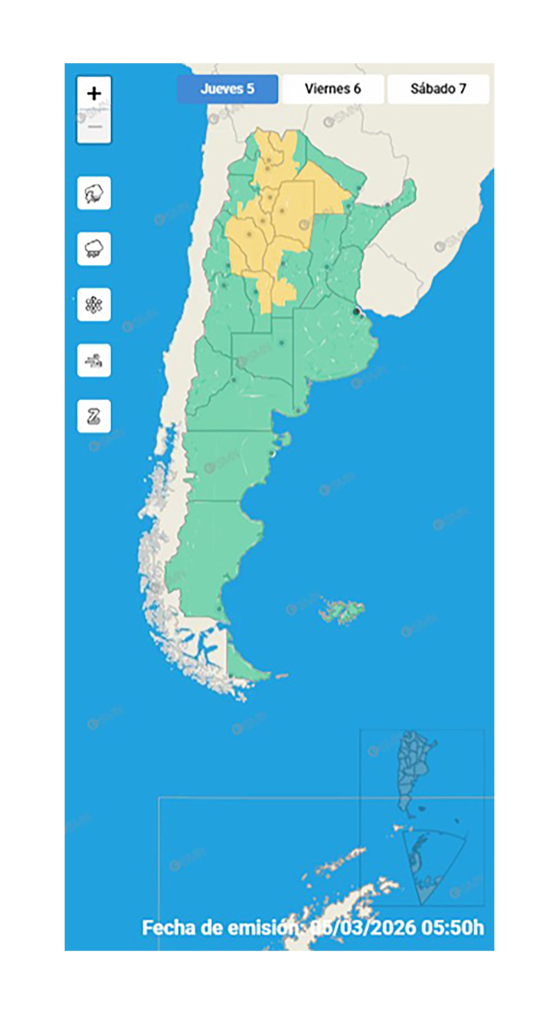 El mapa detalla las alertas meteorológicas activas en varias regiones de Argentina, con áreas en amarillo indicando tormentas. (SMN)