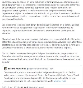 Gustavo Petro instó a la autodefensa comunitaria y advirtió sobre amenazas en territorios populares - crédito @petrogustavo/X