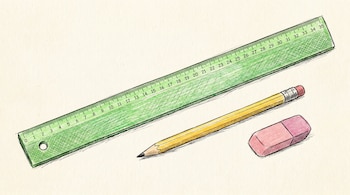 Ilustración detallada de una regla verde con números, un lápiz amarillo afilado y una goma de borrar rosa, todos sobre un fondo de papel claro.