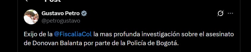 Gustavo Petro pidió a la Fiscalía General de la Nación una investigación detallada sobre la muerte de Donovan Balanta Paz - crédito @petrogustavo/X