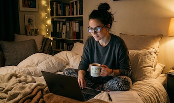 Mujer con gafas y moño sentada en la cama usando un portátil, sosteniendo una taza de café, con papeles y una lámpara en el fondo