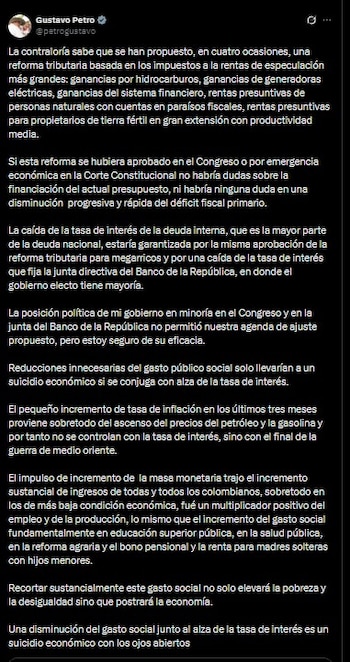 O presidente Gustavo Petro defendeu sua proposta de reforma tributária e garantiu que seria um “suicídio econômico” cortar gastos sociais juntamente com o aumento das taxas de juros. - crédito Gustavo Petro/X