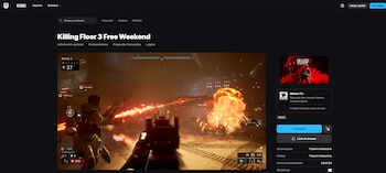 Captura de pantalla de la página de Epic Games Store de Killing Floor 3. La imagen de juego muestra un personaje disparando un rayo de fuego a una explosión